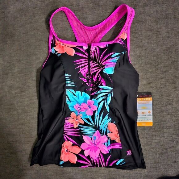 ZeroXposur Plumeria Scuba Tankini Top & ZeroXposur solid Shaper Black bottom S - Picture 13 of 14